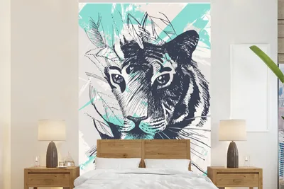 Produktbild von MuchoWow® Fototapete für Wohnzimmer oder Schlafzimmer Wandtapete Vinyl Motivtapete Tiger - Abstrakt - Weiß - 145x220 cm - Wanddekoration