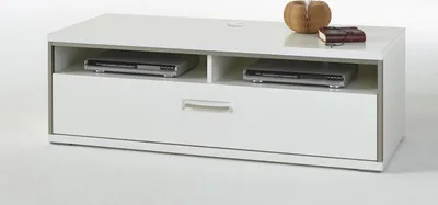 A white media console with two DVD players and a drawer.