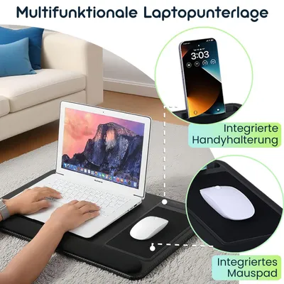 Produktbild von Multifunktionale Laptopunterlage mit Mauspad und Handyhalterung, 36 x 5,5 x 57,5 cm - Komfortabel & tragbar - für Home-Office, Reisen und mehr