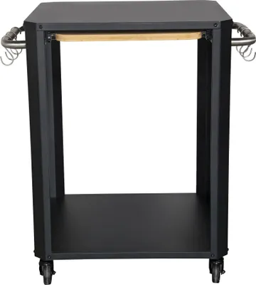 A black metal rolling cart with a wooden shelf and S-hooks on the side, shown against a white background.