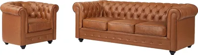Produktbild von 3-Sitzer Sofa und Sessel aus Kamelrindleder - CHESTERFIELD