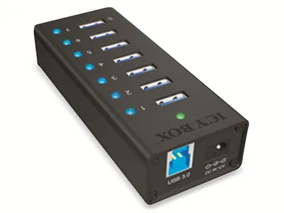 Produktbild von ICY BOX IB-AC618, 7 Port USB 3.2 Gen 1 Hub mit 1x Tablettladeport, Vollmetall, mit 12V 3A Netzteil, schwarz, USB 3.2 Gen 1 (3.1 Gen 1) Type-B, USB 3.2 Gen 1 (3.1 Gen 1) Type-A, 5000 Mbit/s, Schwarz, Aluminium, HDD, Leistung