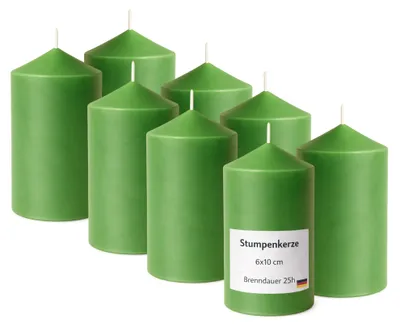 Imagen del producto de Velas tipo "stumpen" de 6 cm de diámetro x 10 cm de alto, color verde, paquete de 8 unidades