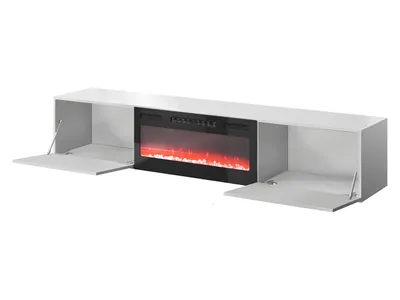 A white TV lowboard with an integrated electric fireplace, shown against a white background. The left and right cabinet doors are open.