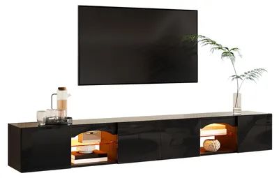 Immagine prodotto di Mobile TV a basso profilo, con 4 ante, 2 vani a giorno, illuminazione LED, controllo tramite app, ripiani in vetro, colore nero