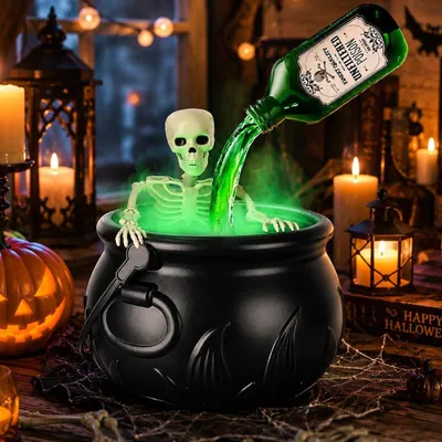 Obrázok produktu pre Veľký čarodejnícky kotol s lebkou, vznášajúcimi sa fľašami a halloweenskou výzdobou
