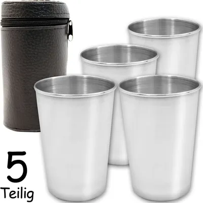 Produktbild von OUTDOOR SAXX® - 4x Camping Becher mit Leder-Tasche | Outdoor Becher| kompakt, leicht, unzerbrechlich, 180 ml Edelstahl + Transport TASCHE | 5-Teilig