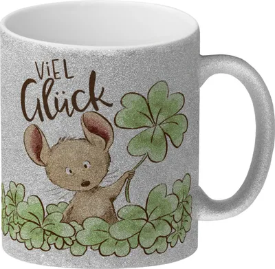 Produktbild von Maus Glitzer-Kaffeebecher mit Spruch Viel Glück