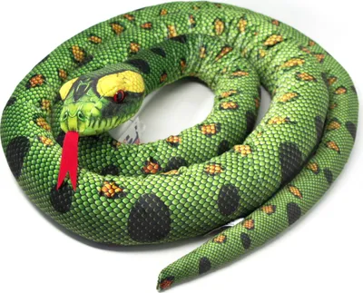 A coiled green snake toy with yellow and black spots and a red tongue sticking out, presented on a white background.