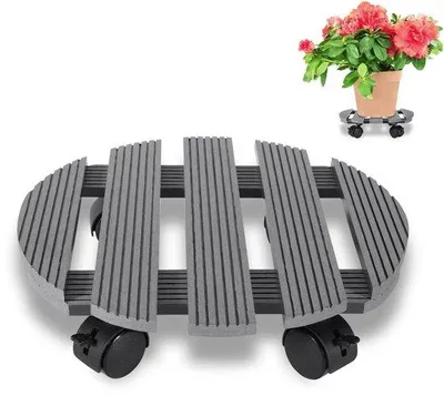 Obrázok produktu pre Drevený záhradný vozík – priemer 30 cm – vozík na kvetináče s kolieskami – nosnosť max. 80 kg – bez zdvíhania – na prepravu rastlín, sivý