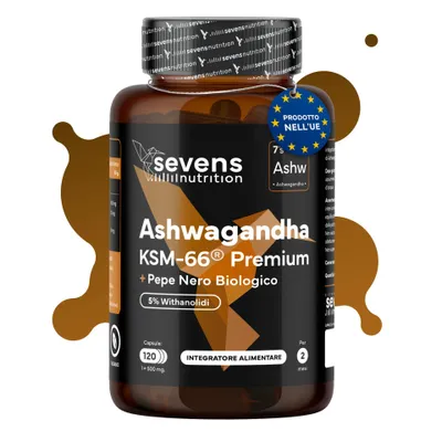 Immagine prodotto di Ashwagandha KSM-66 in capsule da 600 mg con il 5% di withanolidi e piperina – 120 capsule – Sevens
