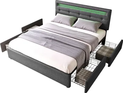Image de Cadre de lit avec éclairage LED et 4 tiroirs, lit double, lit rembourré 140x200cm, tête de lit réglable en hauteur, sommier à lattes en bois,(sans matelas)