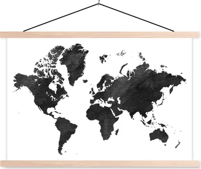 Produktbild von MuchoWow® Textilposter Weltkarte - Vintage - Schwarz 120x80 cm mit holzfarbenen Rahmen - Aufhängeset