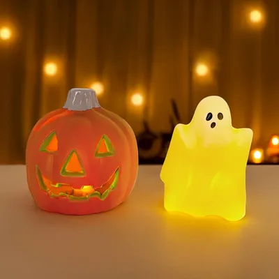 Halloween-Deko-Set: 2 LED-Leuchten (Kürbis & Geist)
