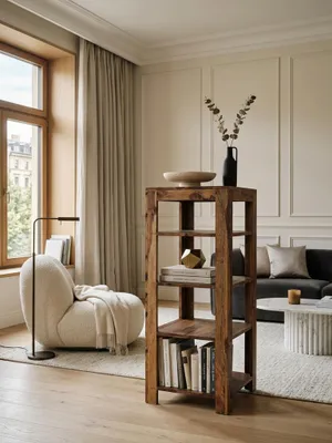 Produktbild von Standregal MUMBAI Massiv-Holz Sheesham 105 cm Wohnzimmer-Regal mit 4 Ablagefächer Design Landhaus-Stil Beistelltisch