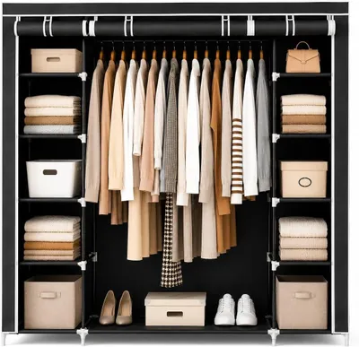 Produktbild von Stoffschrank (XXL)| Faltbarer kleiderschrank mit Kleiderstange und 11 Einlegeböden | schwarzer Kleiderschrank mit aufrollbarer Reißverschlusstür und vielen Montagemöglichkeite