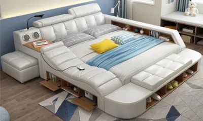 Obrázek produktu pro Designová postel XXL Velké postele Kožené čalounění Hotel 180x200cm Multifunkční police USB