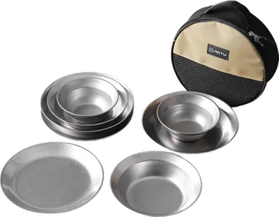 Produktbild von 8-teiliges Camping-Geschirr-Set, wiederverwendbare Edelstahl-Teller und Schuesseln fuer Outdoor-Camping, Wandern