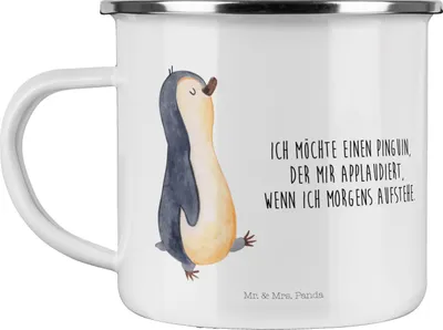 Produktbild von Mr. & Mrs. Panda Emaille Tasse Pinguin marschieren - Weiß - Geschenk, Unausgeschlafen, Aufstehen, Pott, becher, Pinguine, Outdoor, Teetasse, Bruder, Familie, Haferl