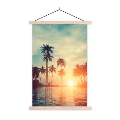 Produktbild von MuchoWow® Textilposter Meer - Sonnenuntergang - Palme - Wolken 120x180 cm mit holzfarbenen Rahmen - Textil-Plakat