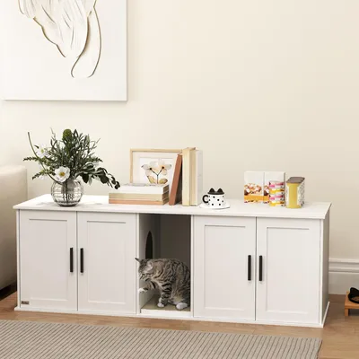 Produktbild von SUGIFT 3-in-1 Katzenhaus, Katzenklo-Schrank mit Tür, Katzentoilette Verkleidung für große Katzen, MDF, Weiß | mit Kratzmatte | Doppelfach | 145 x 49 x 51 cm