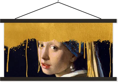 Produktbild von MuchoWow® Textilposter Mädchen mit einem Perlenohrring - Gold - Vermeer 90x45 cm mit schwarzem Rahmen - Klemmleisten
