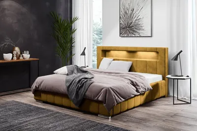 Produktbild von Polsterbett Sechs mit Bettkasten, Bett mit Metallrahmen, LED-Beleuchtung, Chrombeine (Stoff: kronos 01 - senfgelb, Große: 160x200 cm)