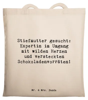 Produktbild von Mr. & Mrs. Panda Tote Bag Spruch Stiefmutter Expertin - Transparent - Geschenk, Tragetasche, Herausforderungen, Familie, herzerwärmende Sprüche, Stiefkind, Jutebeutel