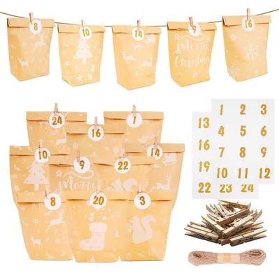 Immagine prodotto di Calendario dell'Avvento da riempire, confezione da 24 pezzi. Sacchetti di carta fai-da-te per il calendario di Natale, con numeri, adesivi e corda