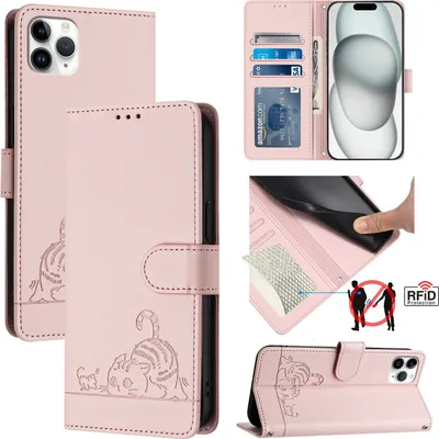 Produktbild von Leder Hülle für iPhone 11 Pro Max Süße Katze Flip Case Brieftasche Schutzhülle mit Standfunktion Pink