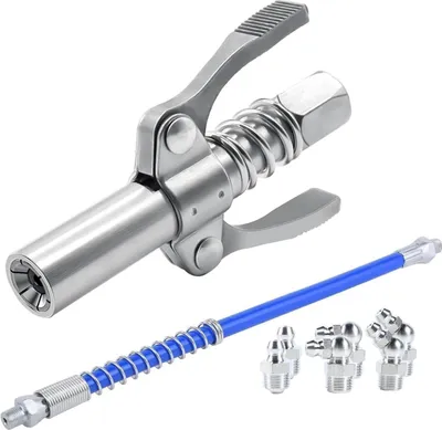 A set of grease gun accessories, including a coupler, hose, and fittings, displayed against a white background.