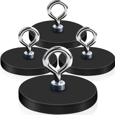 Produktbild von Neodym-Magnet, 43 mm - Starker Magnetischer Haken - M6-Aufhängeöse - Gummimagnet - Außengewinde - Maximale Belastung: 15 kg