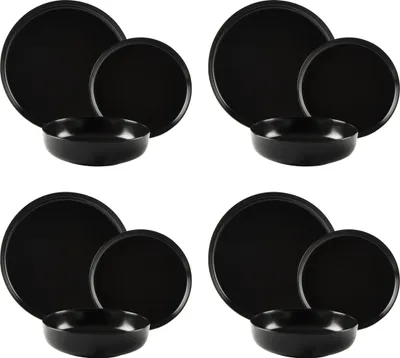 Four sets of black ceramic dinnerware are arranged in a grid.