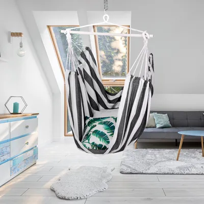 Produktbild von Relaxdays Hängesessel, Baumwolle, Deckenschaukel drinnen & draußen, 150 kg, Hängesitz Kinder & Erwachsene, schwarz/weiß