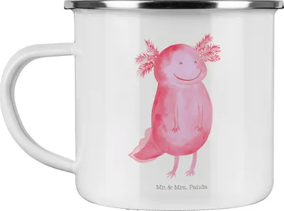 Produktbild von Mr. & Mrs. Panda Teetasse Axolotl Glücklich - Weiß - Geschenk, Lebensfroh, Emaille Tasse, gut Gelaunt, Teebecher, Motivation, Haferl, Lurche, Campingbecher, Becher, Lurch