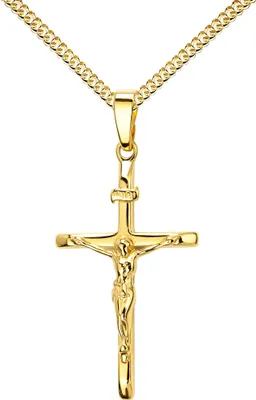 A gold-colored crucifix pendant with Jesus Christ on a chain, isolated on a white background.