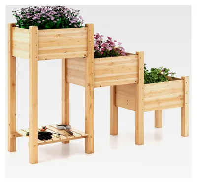 Produktbild von Hochbeet mit 3 Etagen, erhöhtes Gartenbeet aus Holz mit Ablage, Pflanzenbeet mit Entwässerungslöchern, Frühbeet für Balkon, Garten und Terrasse, 161x43x104cm, Natur