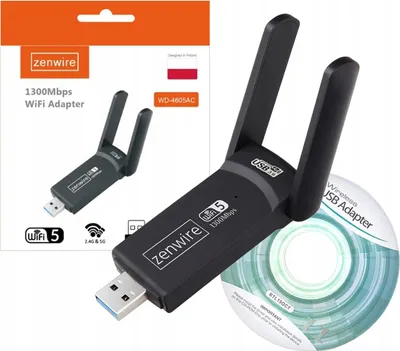 The image shows the packaging and the product itself, a Zenwire WiFi adapter, along with a CD for drivers.