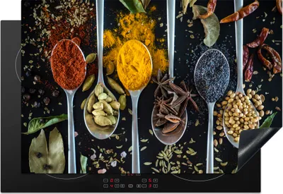 Produktbild von KitchenYeah© Herdabdeckplatte Kräuter - Löffel - Gewürze - Schwarz - Küche , 76x51cm, Küche Deko, Glaskeramikkochfeld Herdabdeckung, Abdeckplatte fùr Kochfeld