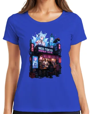 Zdjęcie produktu dla T-shirt damski, niebieski, rozmiar XL. Motyw: Neo-Tokio, ramen, stragan uliczny, cyberpunk, anime, dziewczyna-lis, Japonia, styl Y2K, dla fanów anime