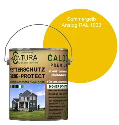 Produktbild von Contura 2,5Liter Wetterschutzfarbe Holz Dauerschutzfarbe Deckend Buntlack Holzfarbe Holzlasur Seidenmatt - Sommergelb - RAL 1023 Analog