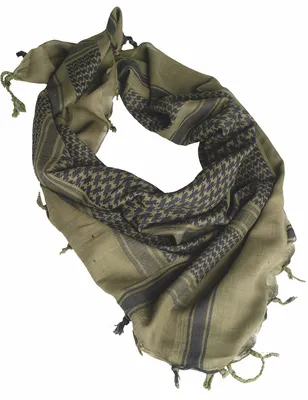 A folded olive green and black patterned scarf.