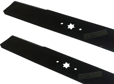 Two black lawn mower blades are shown against a white background.