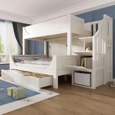 Zdjęcie produktu dla Białe drewniane łóżko piętrowe z drabinką, szufladami i barierką zabezpieczającą w eleganckim stylu sań, w tym stelaż z listew, góra 90x200, dół 140x200