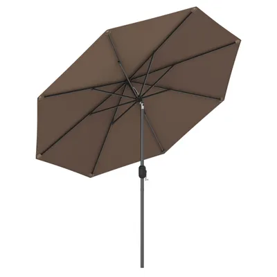 A brown patio umbrella is shown against a white background.