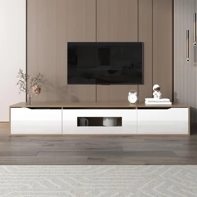 Obrázok produktu pre Televízny stojan 180 x 30 x 35 cm, vysoký lesk, biela farba a vhodné drevo, s premenlivým LED osvetlením
