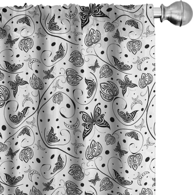 Produktbild von ABAKUHAUS Schwarz und weiß Vorhänge, Gardinen, Einfarbige Schmetterlinge und Blumenblätter des Frühlinges auf punktiertem gewirbeltem Hintergrund, 2 Stück 75 x 175 cm, Weiß Schwarz
