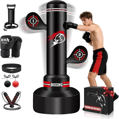 Zdjęcie produktu dla Wolnostojąca worka bokserskiego o wysokości 70 cali, w zestawie rękawice, pompka, skakanka, piłka refleksyjna, idealna do treningu MMA