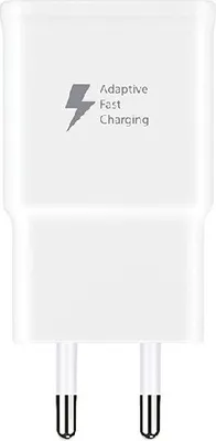 A white Samsung fast charger with the adaptive fast charging logo and text.