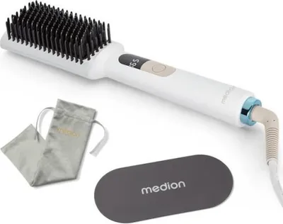 Image de MEDION Brosse à lisser HB1 (fer à lisser & brosse à cheveux, lisseur avec technologie ionique, 5 niveaux de chaleur réglables, 165°-210°. Idéalement combinable avec notre sèche-cheveux) blanc